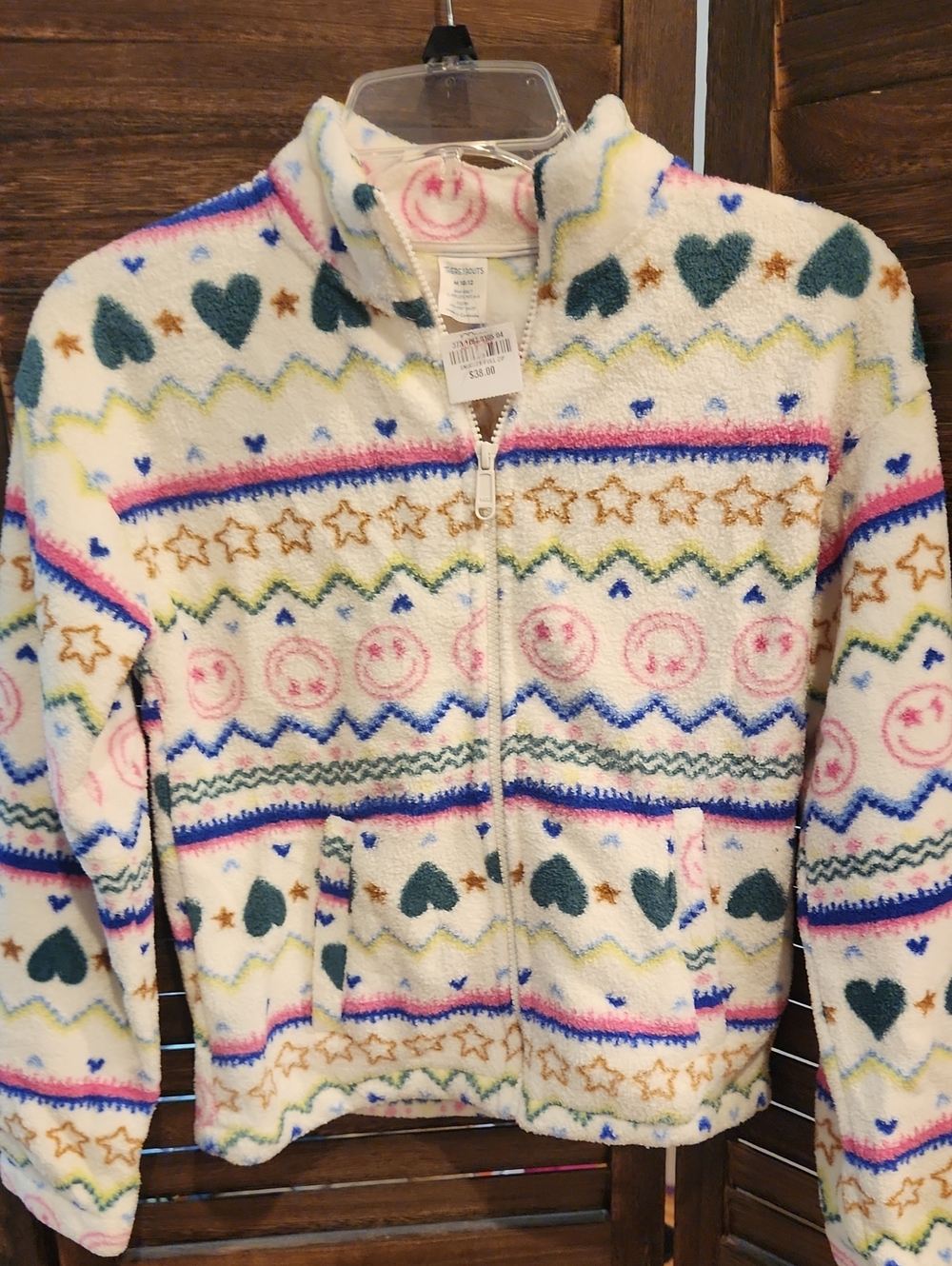 Kids Cozy Zip-Up Fleece Jacket - Multicolor Hearts & Smiley Pattern